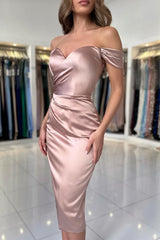 Elegant Column Off-the-shoulder Sweetheart Satin Tea-length Prom Dresses