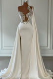 Elegant A-Line One-Shoulder Sweetheart Satin Long Beading Prom Dresses with Slit