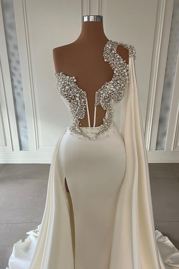 Elegant A-Line One-Shoulder Sweetheart Satin Long Beading Prom Dresses with Slit