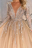 Gorgeous A-line V-Neck Tulle Ribbons Beading Long Prom Dress with Sleeves