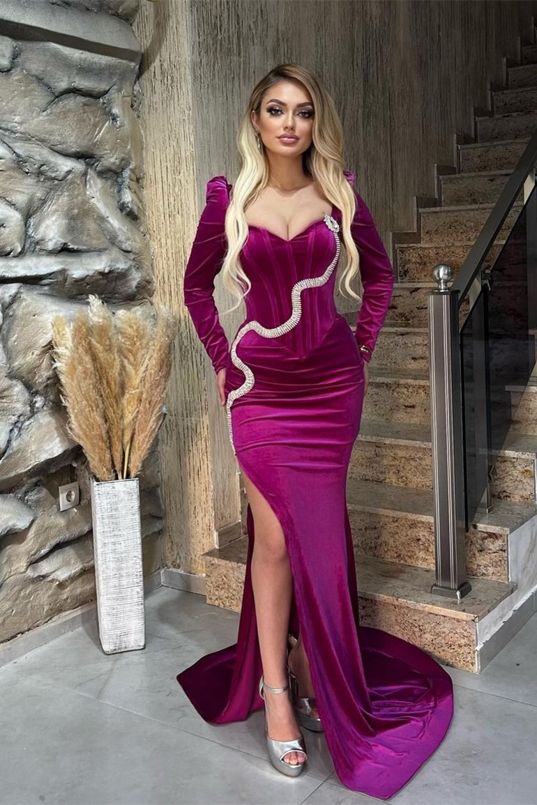 Mermaid Sweetheart Velvet Long Beading Split Front Prom Dresses with Sleeves