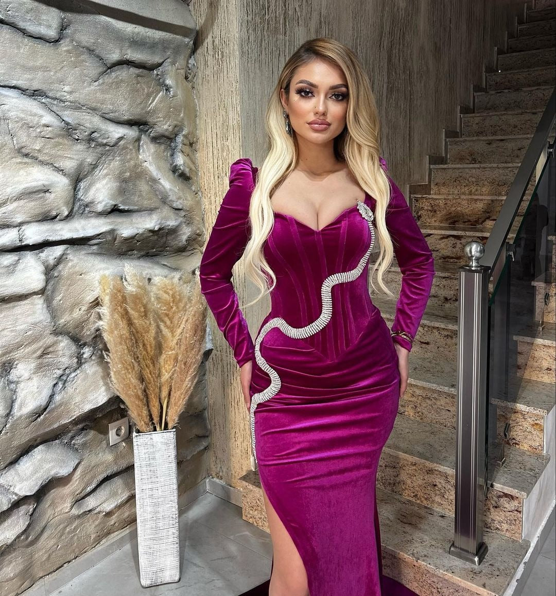 Mermaid Sweetheart Velvet Long Beading Split Front Prom Dresses with Sleeves