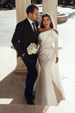 Elegant Mermaid One Shoulder Satin Long Beading Wedding Dresses with Sleeves