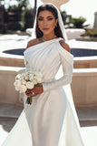 Elegant Mermaid One Shoulder Satin Long Beading Wedding Dresses with Sleeves