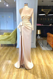 Glamorous Mermaid One Shoulder High Neck Satin Long Prom Dresses with Slit