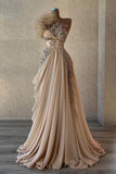 A-Line Tulle Ruched Sleeveless Prom Dresses with Beaded Handmade Flower