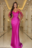 Fuchsia Spaghetti Strap Evening Dress with Pleated Tassel Sequins