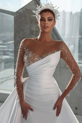 Long Mermaid Jewel Neck Satin Beading Long Sleeves Wedding Dresses