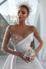 Long Mermaid Jewel Neck Satin Beading Long Sleeves Wedding Dresses