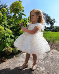 Short Ball Gown Sequins Feather Glitter Flower Girl Dress with Bow