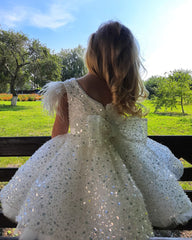 Short Ball Gown Sequins Feather Glitter Flower Girl Dress with Bow