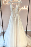 Simple A-Line V-neck Tulle Open Back Long Wedding Dresses with Appliques Lace