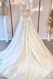 Simple A-Line V-neck Tulle Open Back Long Wedding Dresses with Appliques Lace