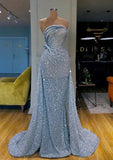 Gorgeous Mermaid Strapless Sleeveless Sequined Long Prom Dresses With Ruffles