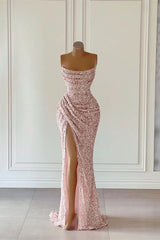 Gorgeous Mermaid Strapless Sequined Long Prom Dresses with Slit