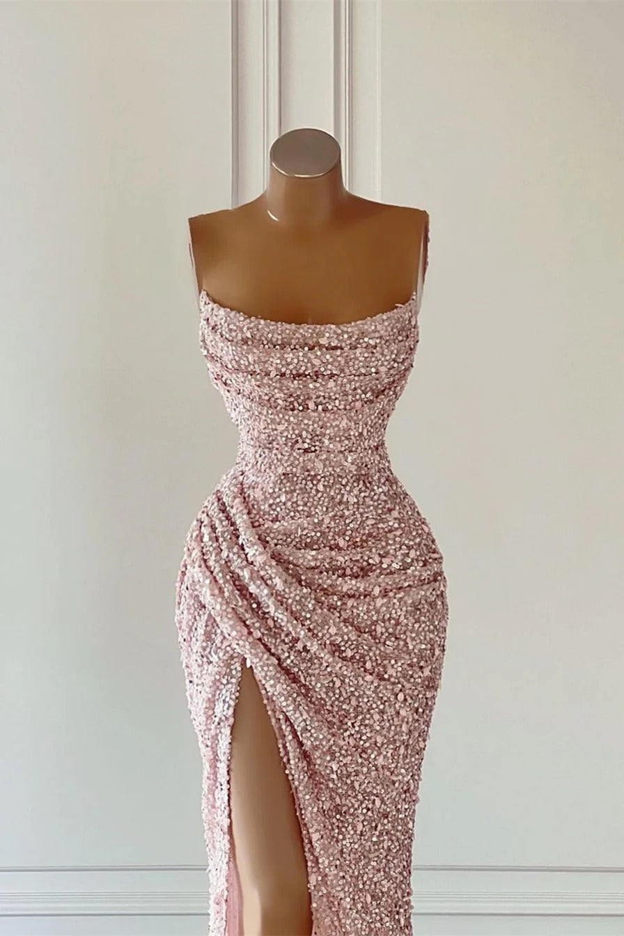 Gorgeous Mermaid Strapless Sequined Long Prom Dresses with Slit