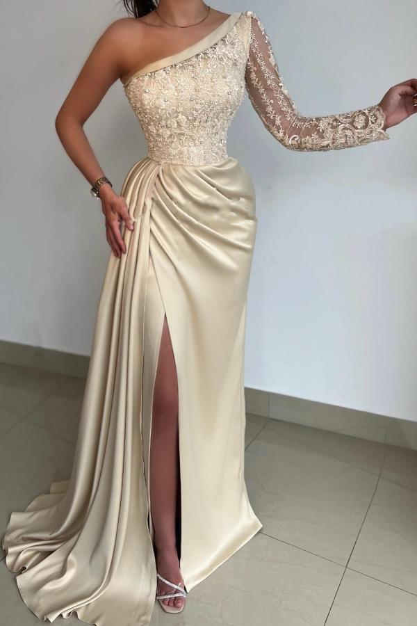 Gorgeous Mermaid One Shoulder Satin Lace Long Front Slit Prom Dress with Sleeves