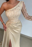 Gorgeous Mermaid One Shoulder Satin Lace Long Front Slit Prom Dress with Sleeves