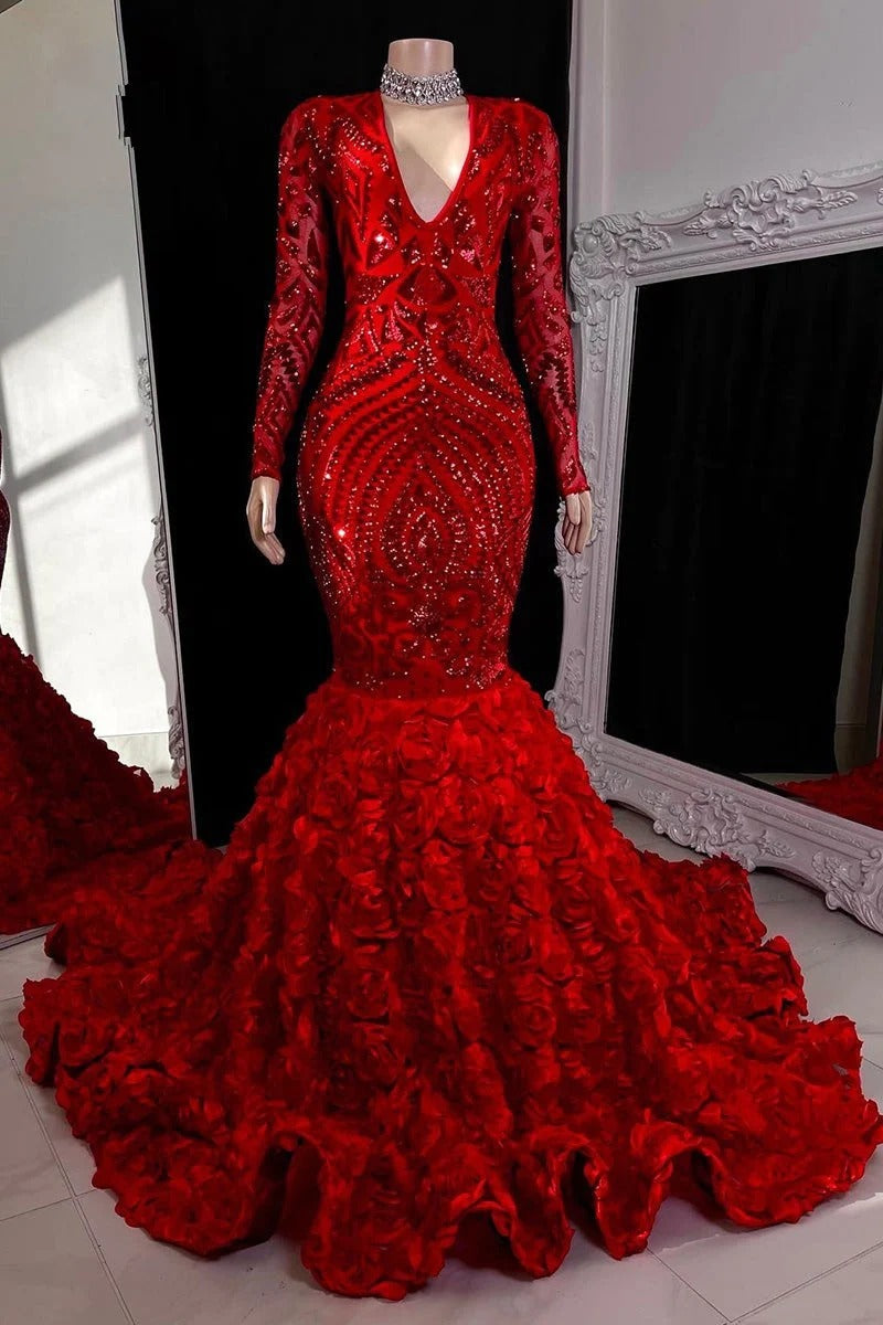 Gorgeous Long Mermaid Deep V-neck Lace Sequined Prom Dress With Sleeves