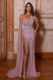 Gorgeous Mermaid One Shoulder Sequined Long Prom Dresses With Slit