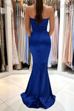 Simple Mermaid Strapless Sweetheart Satin Long Ruffles Prom Dresses with Slit