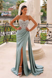 Green A-line Spaghetti Straps Satin Long Split Front Prom Dresses With Beads