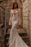 Mermaid V-neck Lace Backless Long Wedding Dresses with Sleeves