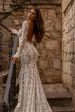 Mermaid V-neck Lace Backless Long Wedding Dresses with Sleeves