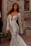 Mermaid V-neck Lace Backless Long Wedding Dresses with Sleeves