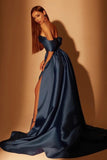 Gorgeous A-line Sweetheart Off-the-Shoulder Satin Long Prom Dresses with Slit