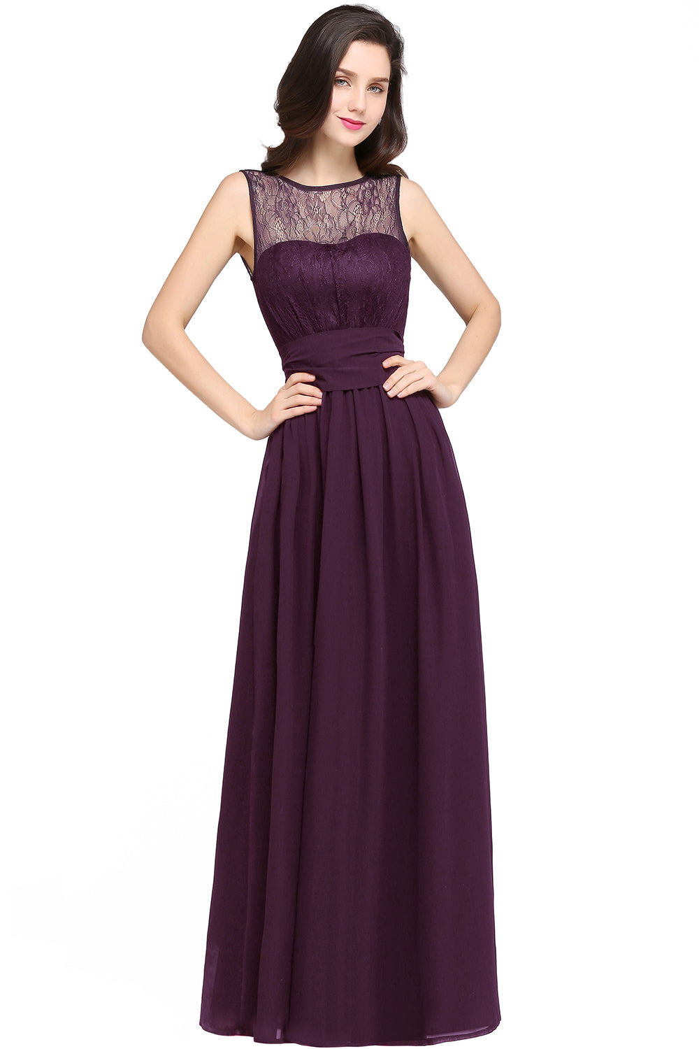 Long Off The Shoulder Round Neck Chiffon Bridesmaid Dress with Floral Lace and Ruffle