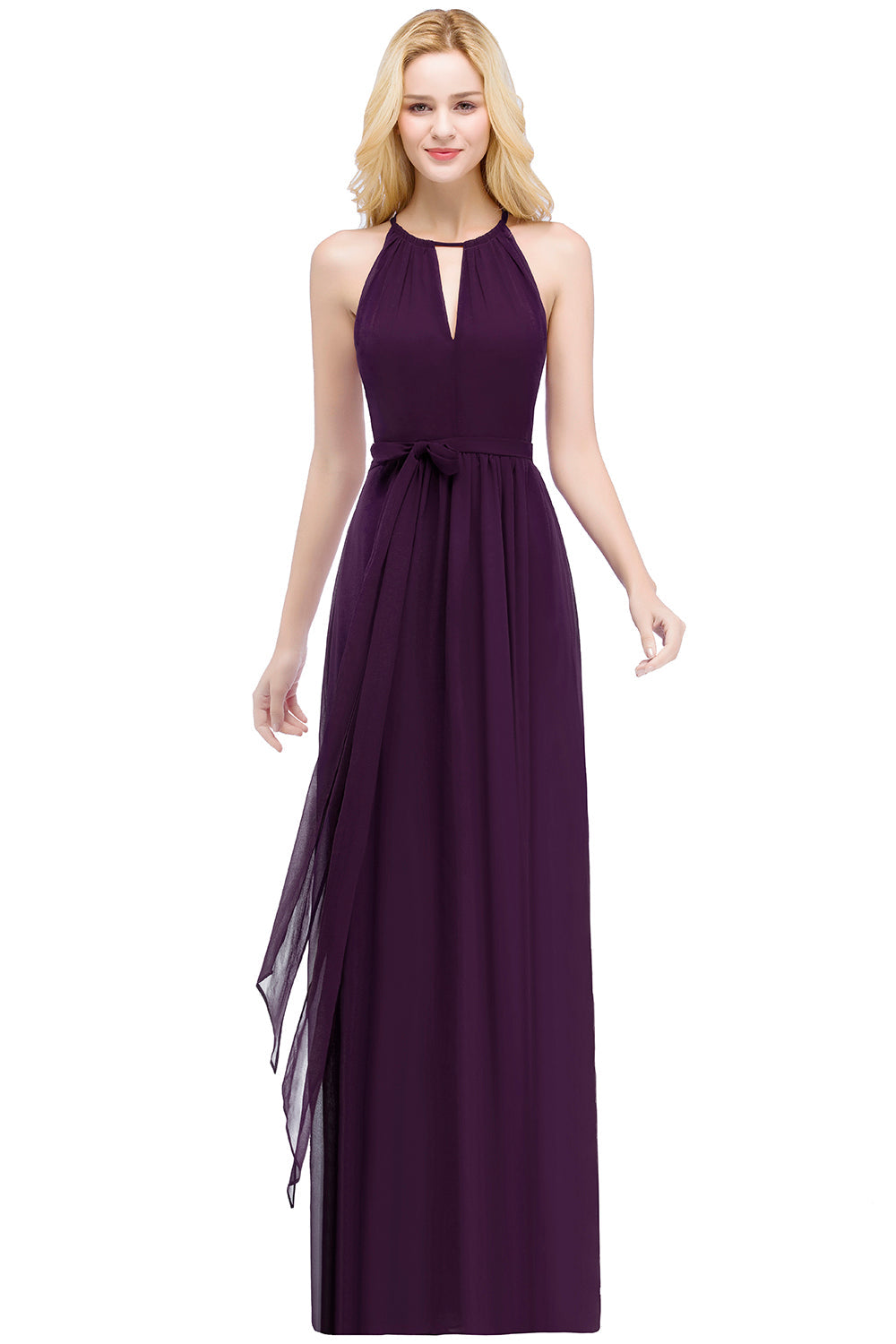 Long A line Halter Chiffon Ruffle Floor Length Bridesmaid Dress