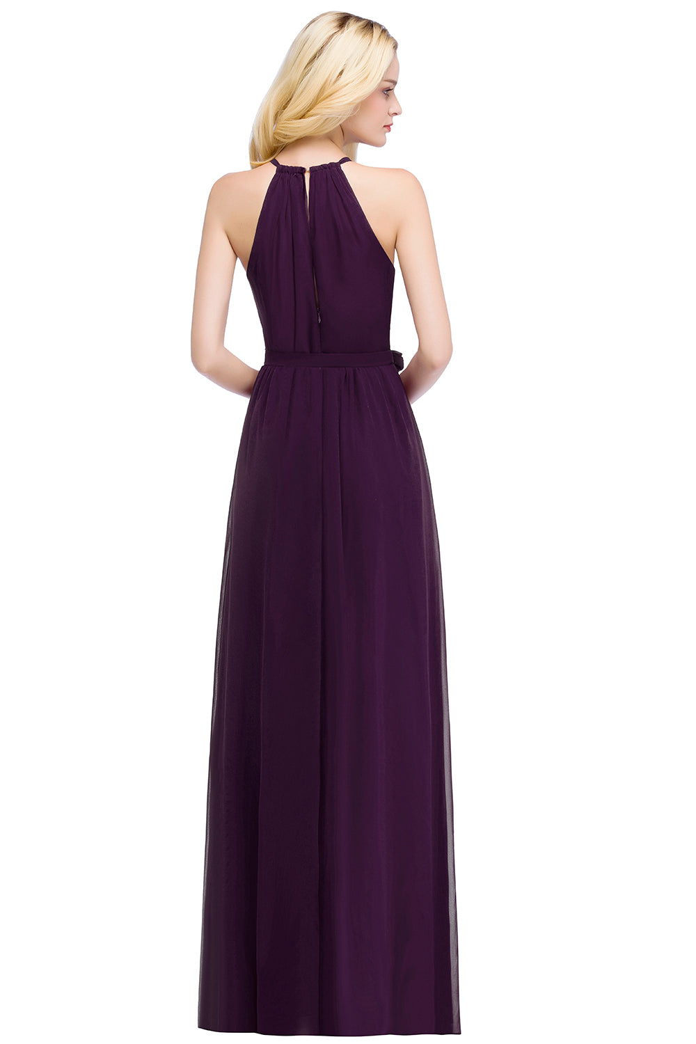 Long A line Halter Chiffon Ruffle Floor Length Bridesmaid Dress