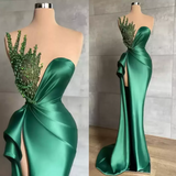 Green Long Mermaid Sweetheart Satin Beads Prom Dress with Slit