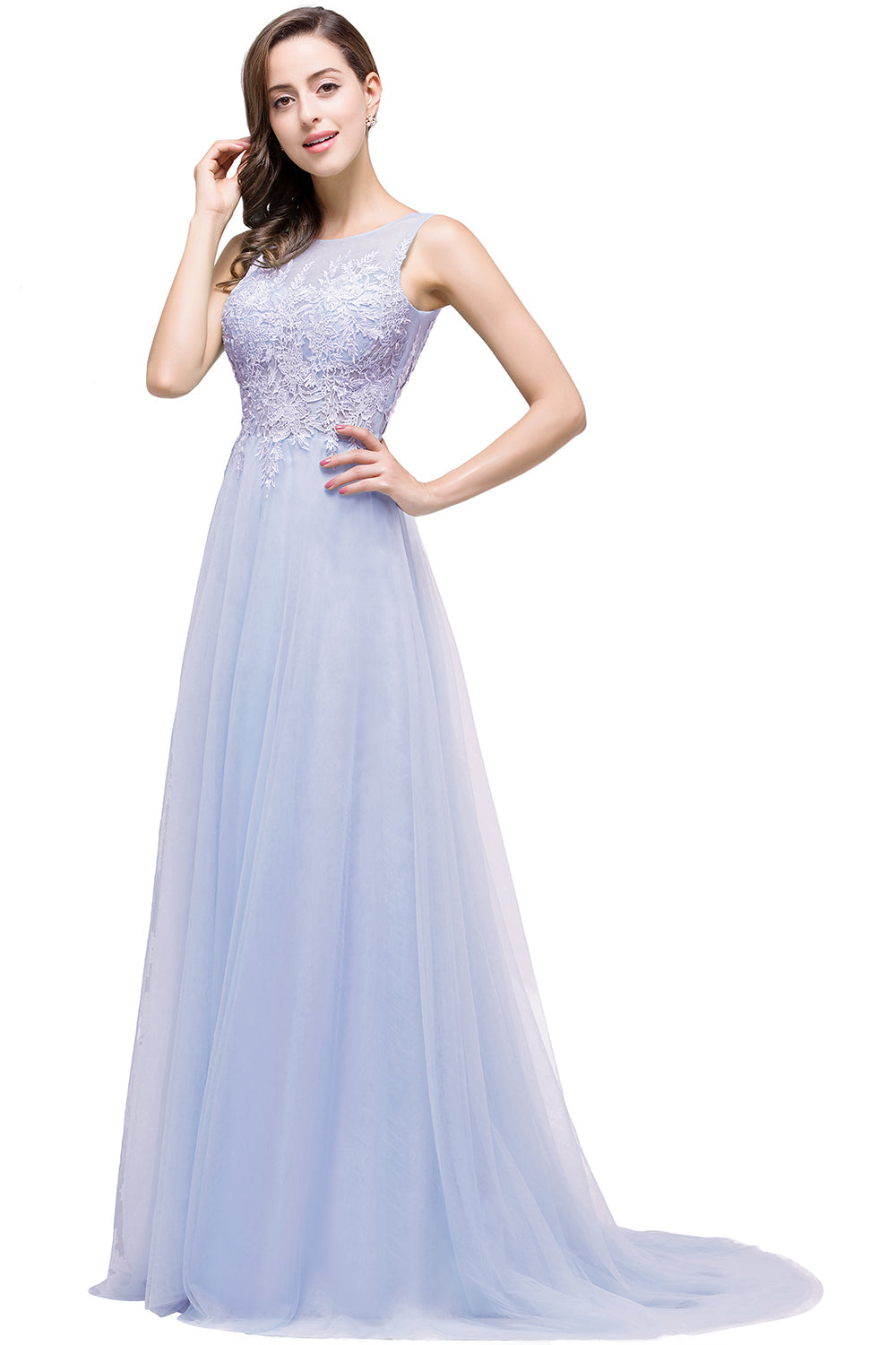 Long Sleeveless Round Neck Tulle A line Lace Appliques Bridesmaid Dress