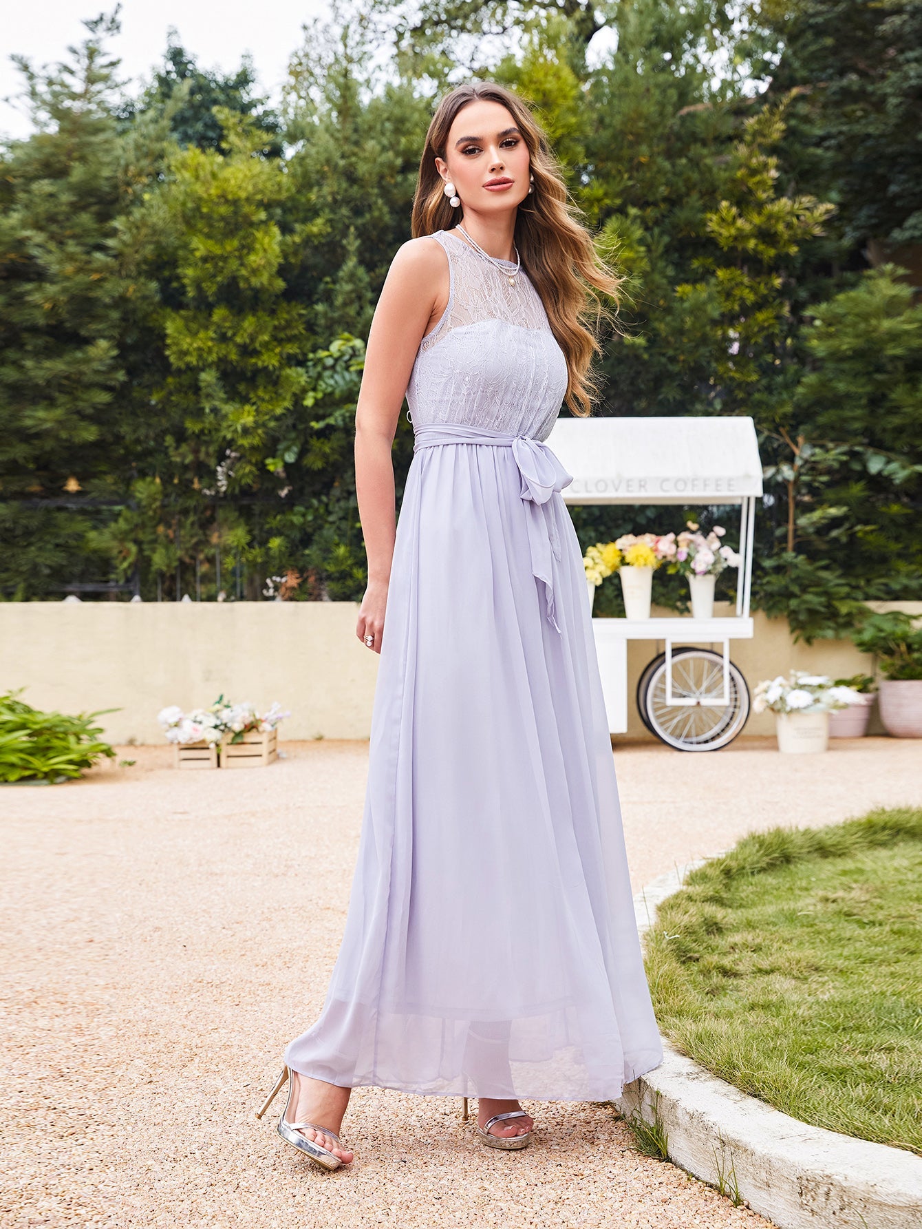 Long Off The Shoulder Round Neck Chiffon Bridesmaid Dress with Floral Lace and Ruffle