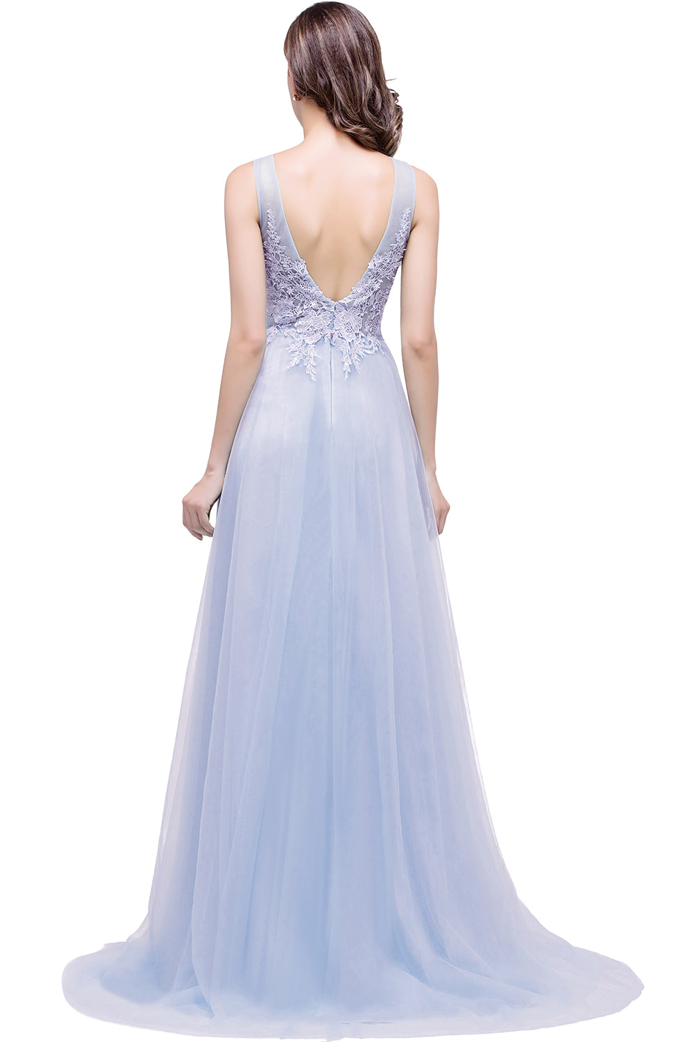 Long Sleeveless Round Neck Tulle A line Lace Appliques Bridesmaid Dress