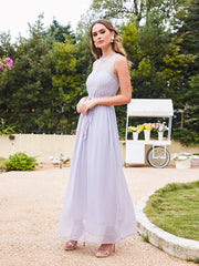 Long Off The Shoulder Round Neck Chiffon Bridesmaid Dress with Floral Lace and Ruffle