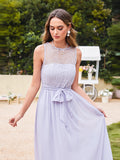 Long Off The Shoulder Round Neck Chiffon Bridesmaid Dress with Floral Lace and Ruffle