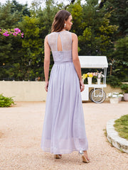 Long Off The Shoulder Round Neck Chiffon Bridesmaid Dress with Floral Lace and Ruffle