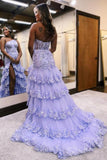 A-Line Sleeveless One Shoulder Tulle Cascading Ruffles Prom Dress with Side Split