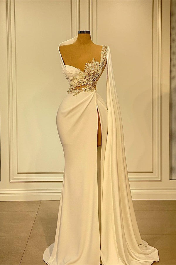 Elegant Mermaid One Shoulder Satin Long Beading Prom Dress With High Slit