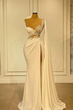 Elegant Mermaid One Shoulder Satin Long Beading Prom Dress With High Slit