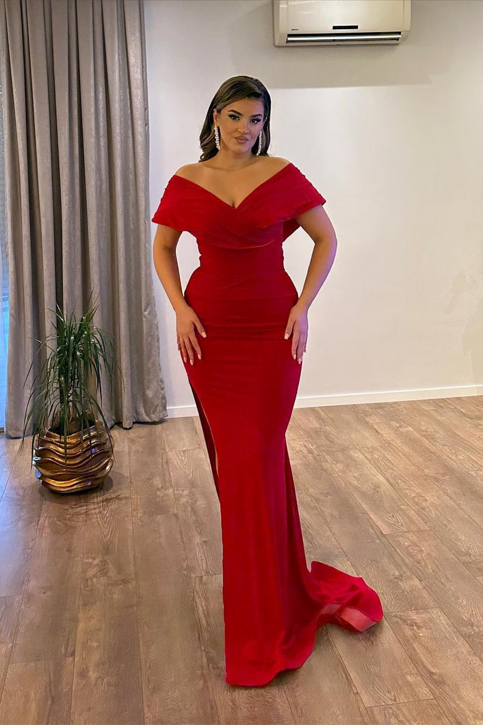 Red Mermaid Off-the-shoulder Satin Long Prom Dresses with Slit