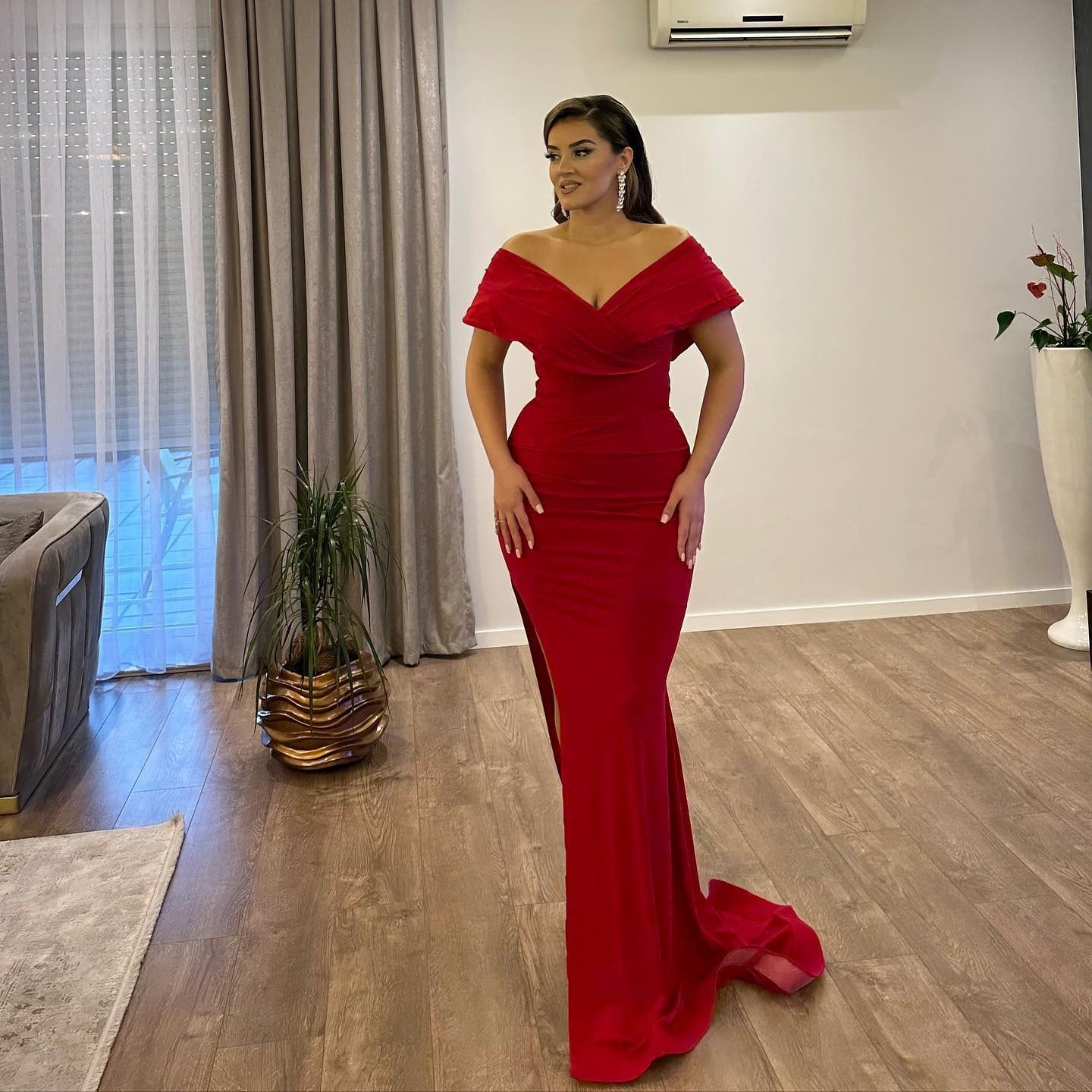 Red Mermaid Off-the-shoulder Satin Long Prom Dresses with Slit