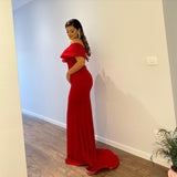 Red Mermaid Off-the-shoulder Satin Long Prom Dresses with Slit