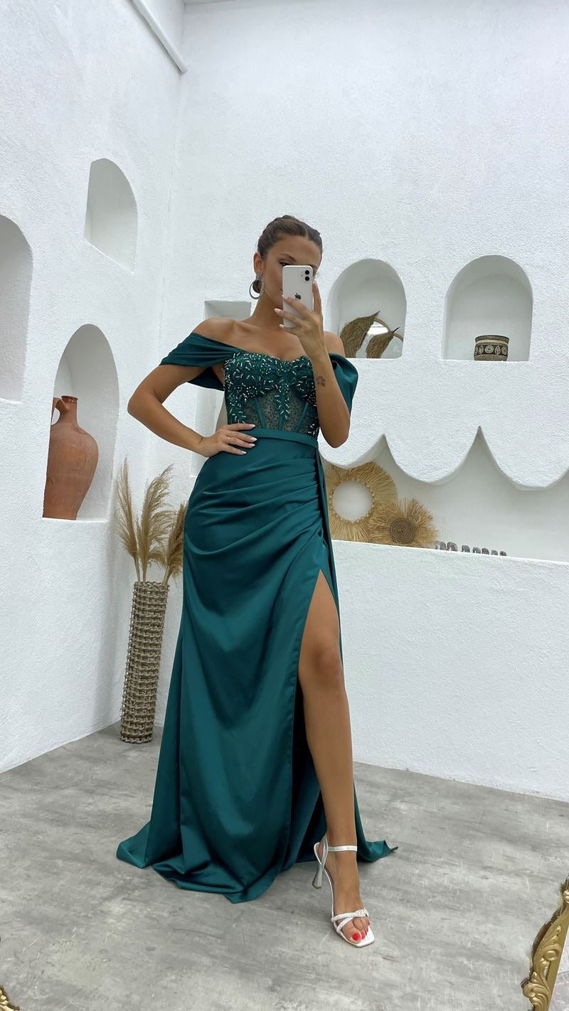 A-line Off-the-shoulder Satin Long Prom Dresses with  Side Split