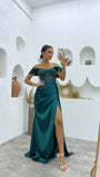 A-line Off-the-shoulder Satin Long Prom Dresses with  Side Split