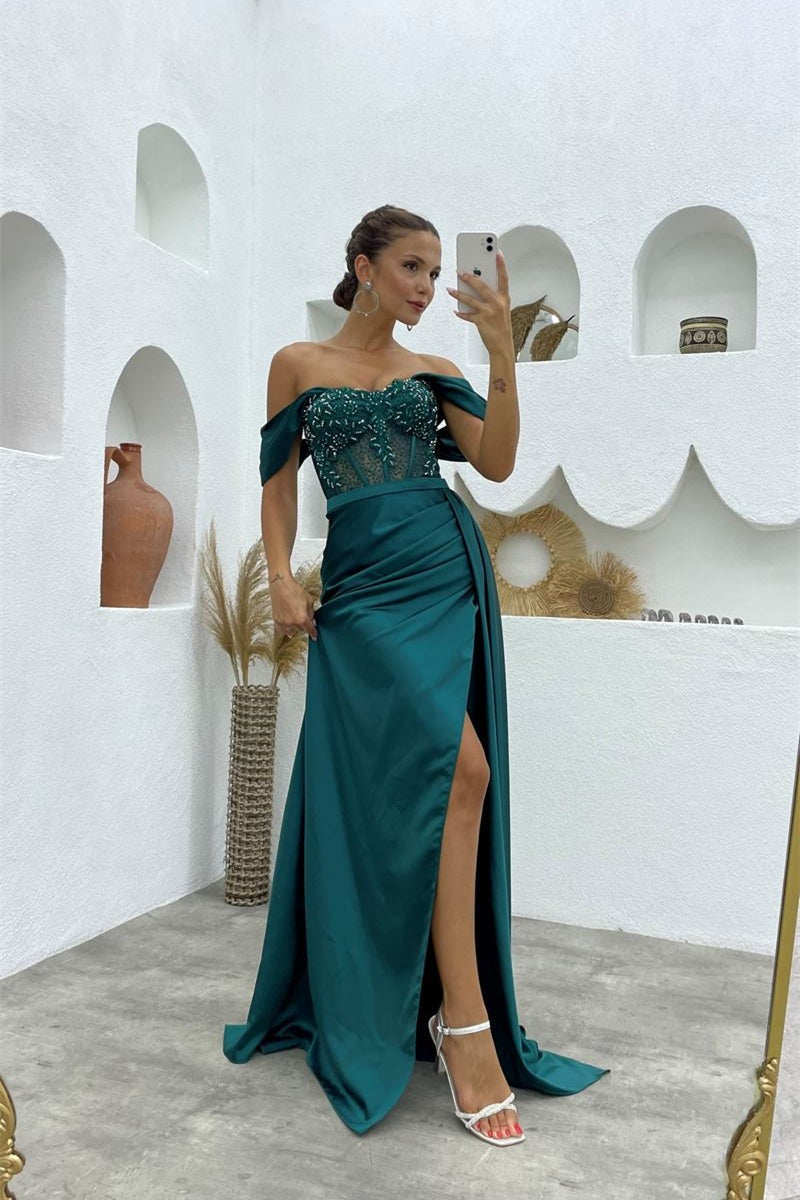 A-line Off-the-shoulder Satin Long Prom Dresses with  Side Split