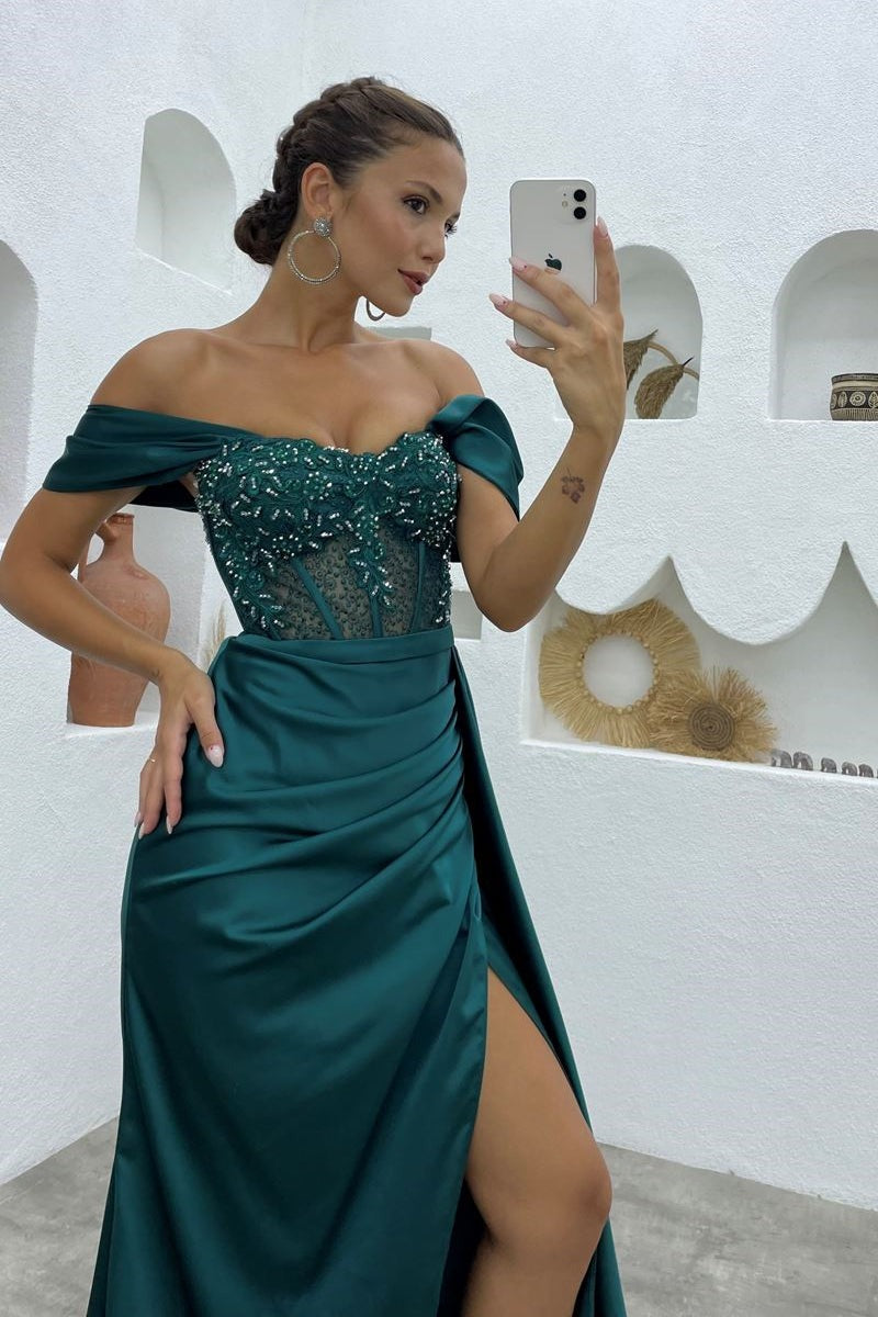 A-line Off-the-shoulder Satin Long Prom Dresses with  Side Split